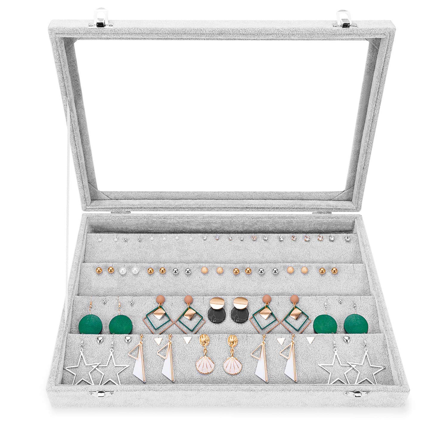 Photo 1 of EONGOA Jewelry Tray Earring Organizer Box with Clear Lid Velvet Tray for Jewelry Storage Display Case Dustproof Earring Jewelry Box Organizer & Tray Gift for Women Girls (Grey)
