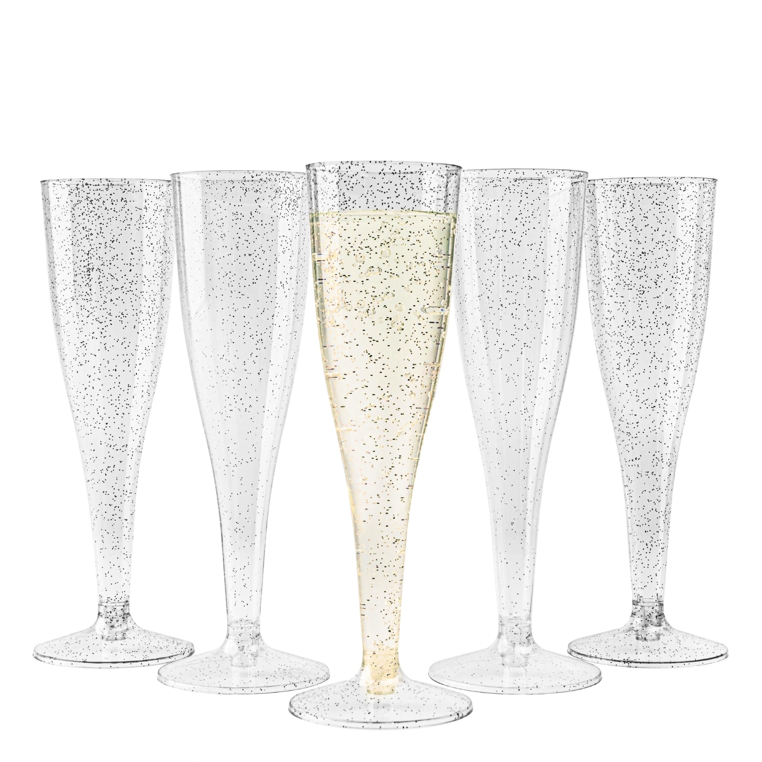 MATANA 48 Premium Plastic Champagne Flutes with Silver Glitter, 133ml - Reusable Champagne Glasses, Plastic Flutes, Prosecco Glasses for Cocktails, Wine, Dessert, Weddings, Birthdays, BBQ, Parties