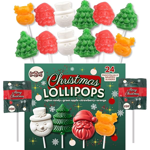 SWEETZO INDIVIDUALLY WRAPPED CHRISTMAS LOLLIPOPS, REINDEER, SNOWMAN, SANTA AND TREE, STOCKING STUFFERS AND PARTY FAVORS (24 SUCKERS)