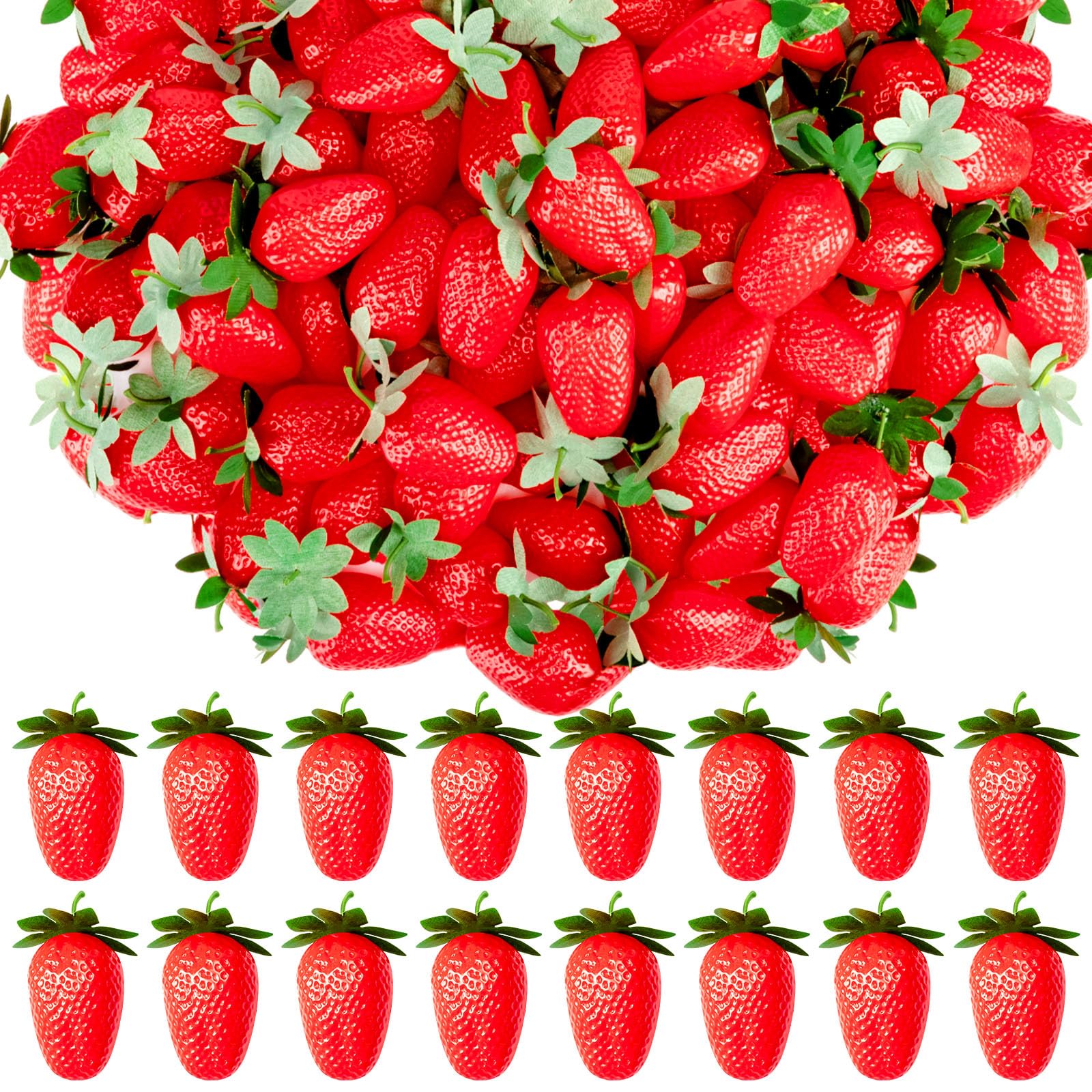Photo 1 of Lyrow 100 Pcs Artificial Strawberries Faux Realistic Strawberry Decor Plastic Simulation Fake Strawberries Lifelike Fruit for Photography Prop Cabinet Party (3.15 Inch)