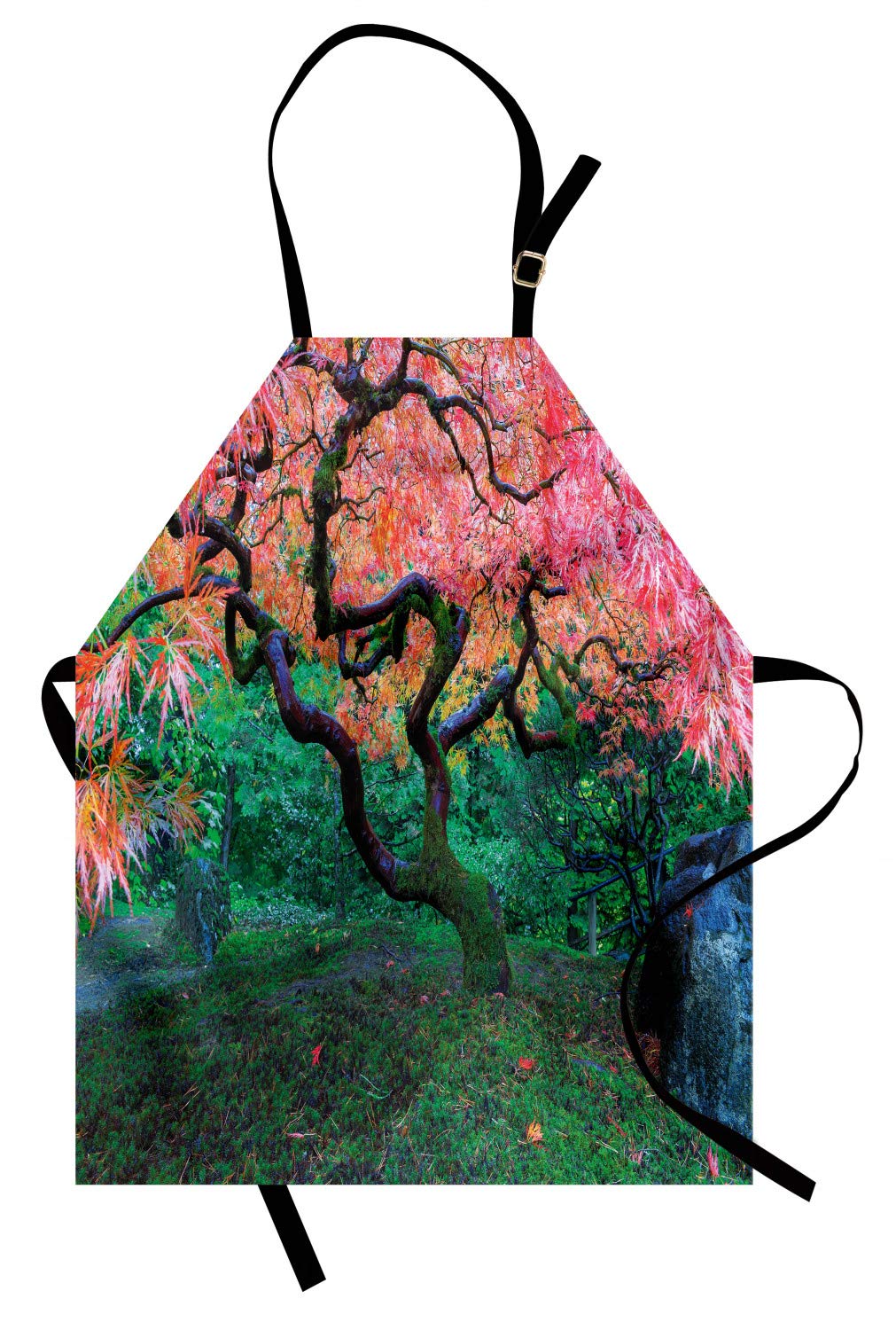 ABAKUHAUS Japanese Apron, Aged Red Leaf Maple Moss Garden Scenery in Autumn Grass Relaxation in Nature, Unisex Kitchen Apron with Adjustable Neck for Cooking Baking Gardening, Green