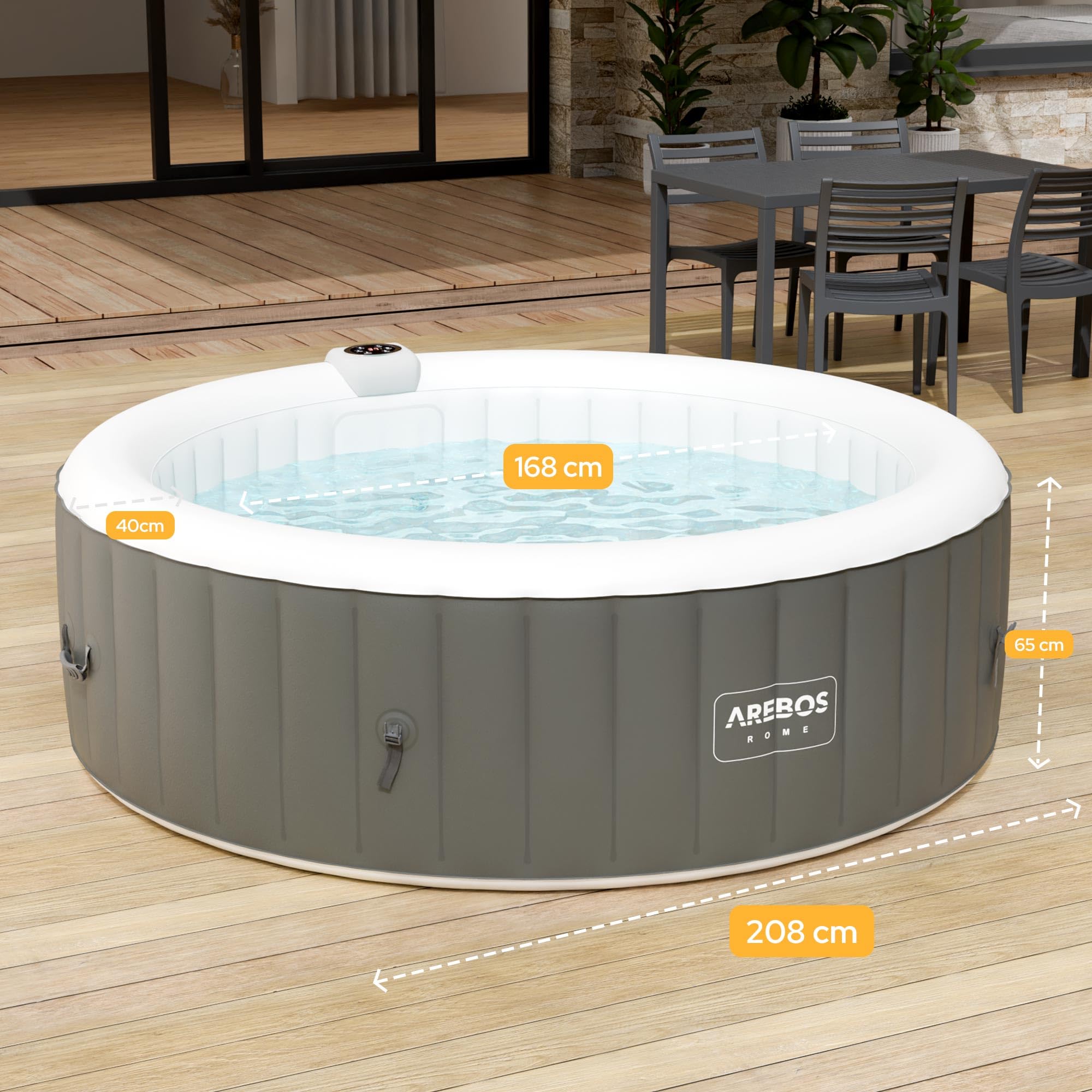 Arebos Whirlpool | aufblasbar | In- & Outdoor | 6 Personen | ⌀ 208 cm | 130 Massagedüsen | mit Heizung | 1.000 Liter | Inkl. Abdeckung | Bubble Spa & Wellness Massage 9