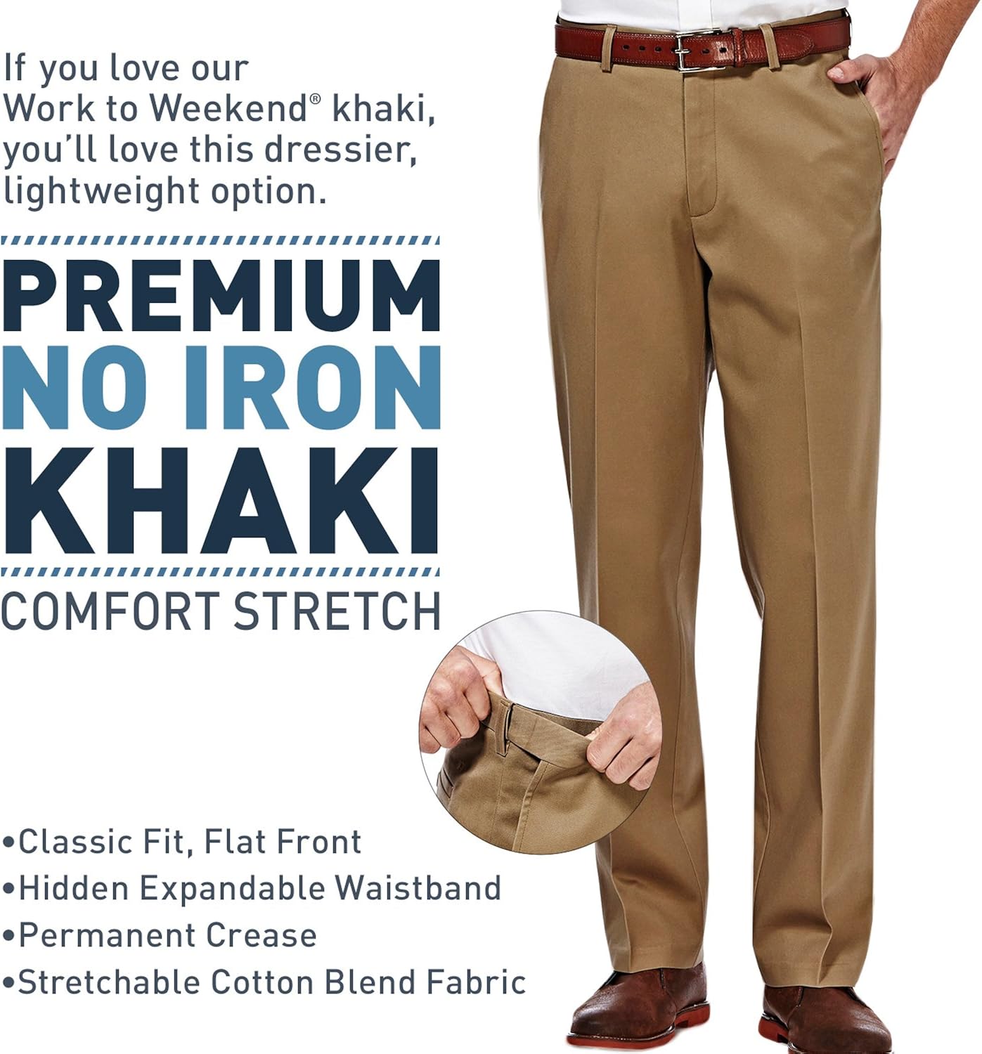 Haggar Men's Premium No Iron Khaki Classic Fit Expandable Waist Flat Front Pant at  Men’s Clothing store