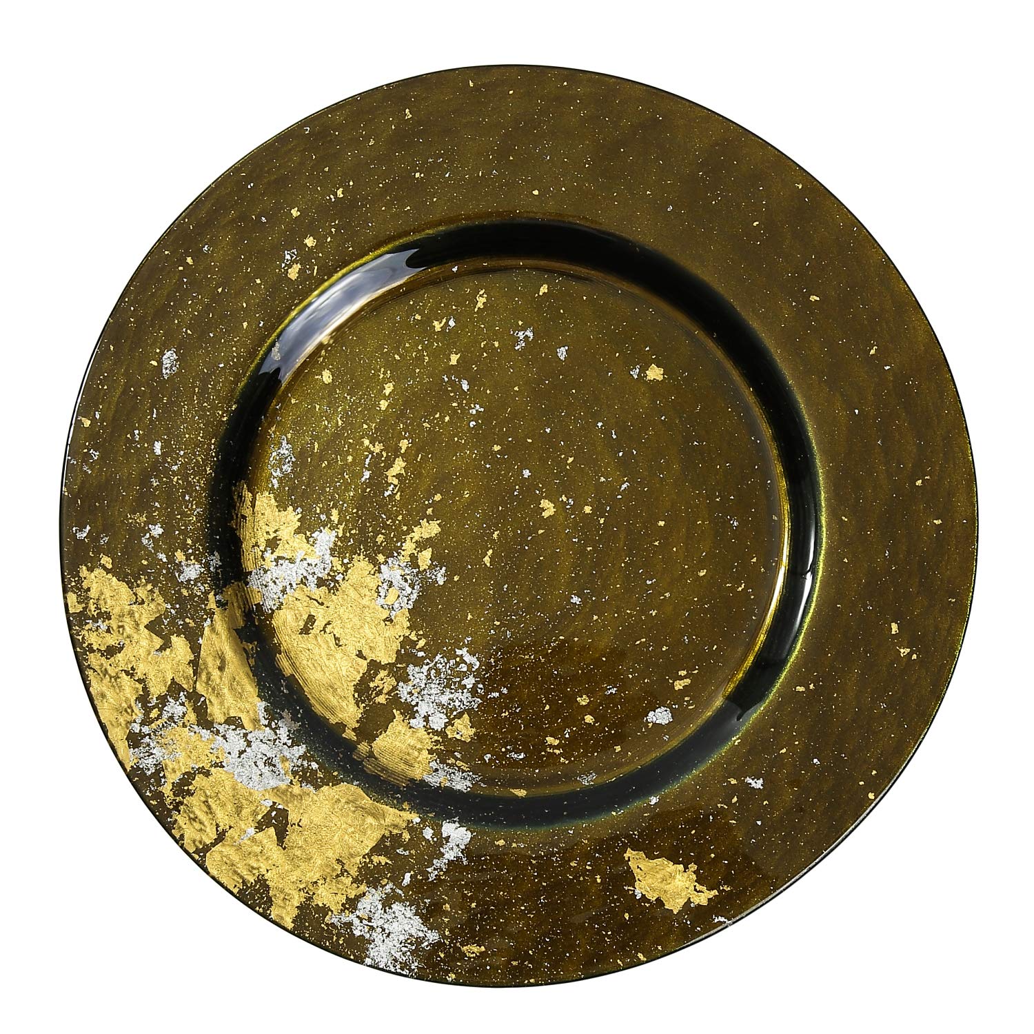 Syosaku Japanese Urushi Glass Dinner Plate Φ12.5-inch Majestic Green with Gold Leaf, Dishwasher Safe