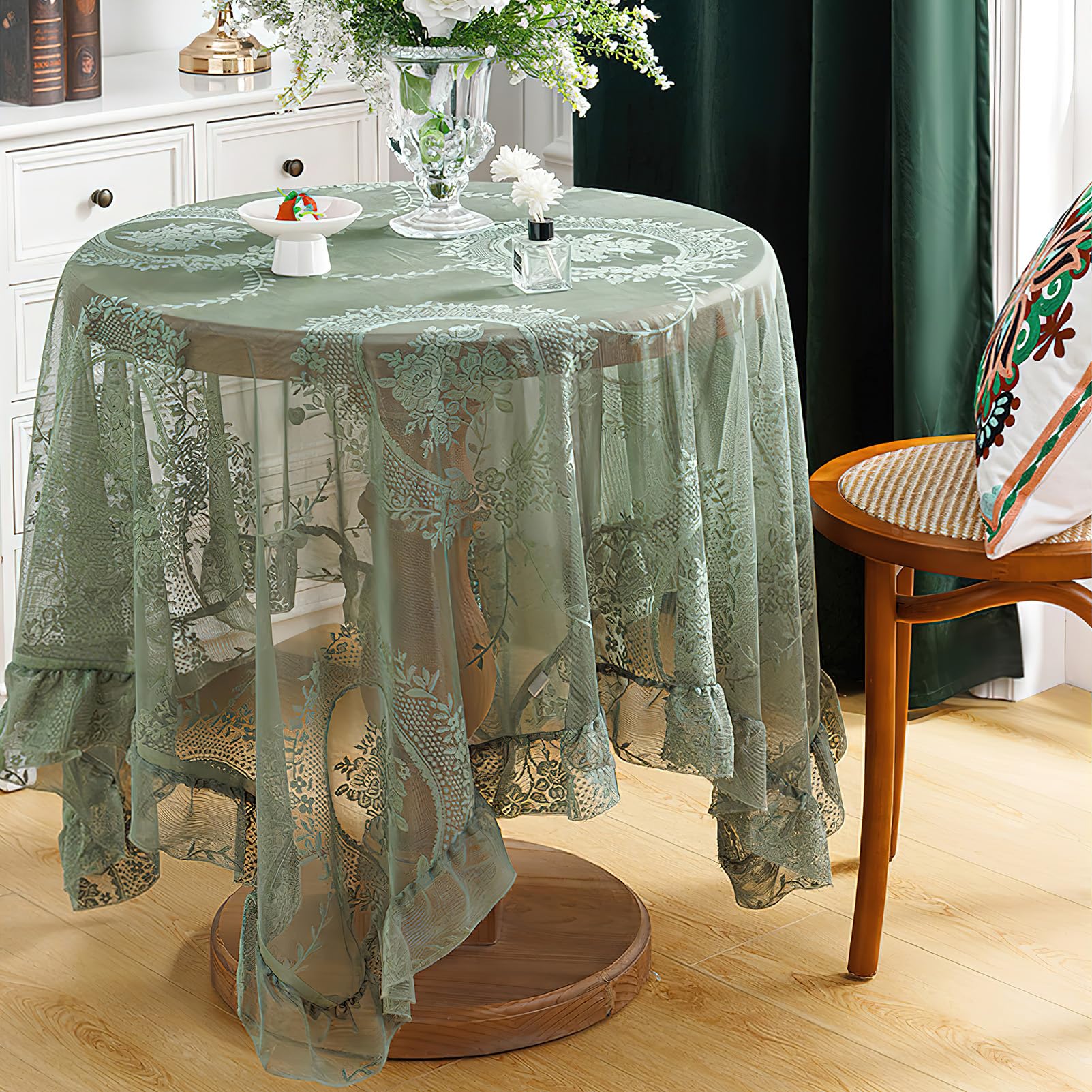 auons Green Lace Rectangular Tablecloth with flounce, Chic Overlay Ruffles Table Cloth, French Rustic Vintage Embroidered Table Cover for Wedding Party Banquet Reception Home Decor, 55x72inch