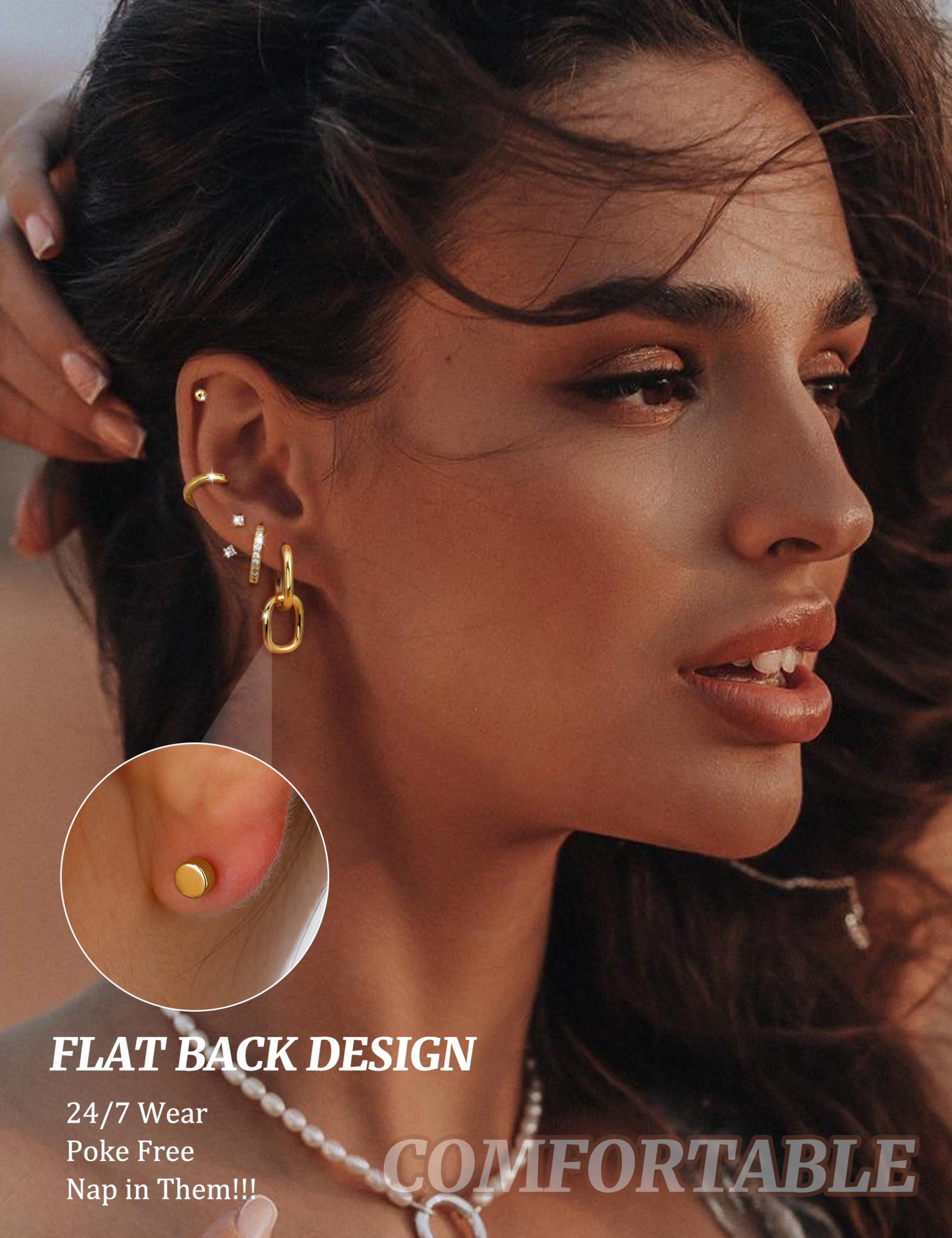 LOLIAS Flat Back Earrings for Women Hypoallergenic Surgical Steel Earrings for Sensitive Ears-20G Cartilage Earring Stacks 14K Gold Plated Hoops Flatback Stud Earring Sets for Multiple Piercing