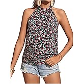 OYOANGLE Women's Boho Floral Print Sleeveless Halter Blouse Top Pleated Keyhole Back Vacation Beach Shirt Tops