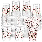 Funnymoom 50 Sets Cherry Disposable Plastic Cups Bulk with Lids Straws 16 oz Red Cherry Clear Plastic Cups Flower Cold Beverage Drinking Container for baby shower Birthday Daily Holiday Party Supplies
