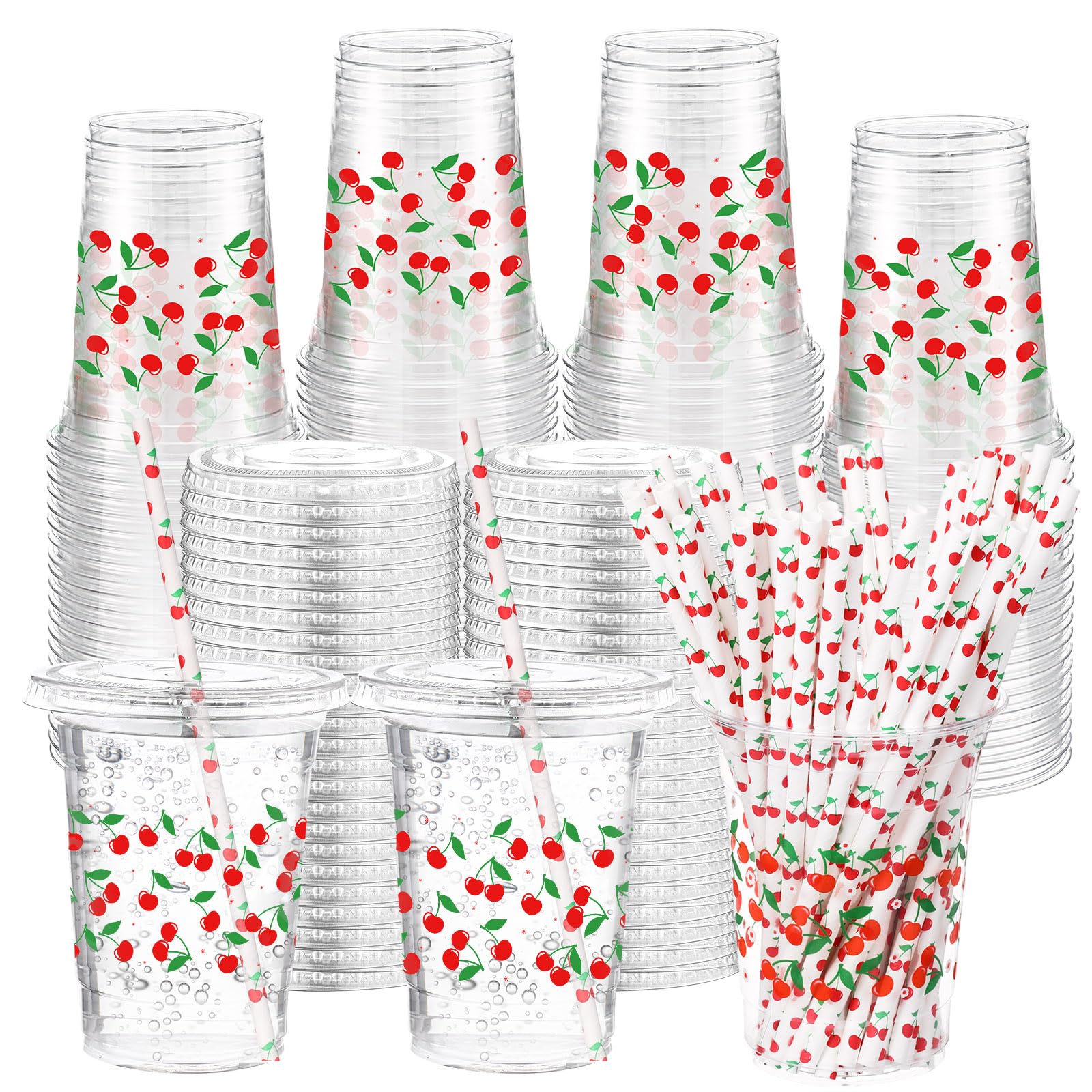 Photo 1 of Funnymoom 50 Sets Cherry Disposable Plastic Cups Bulk with Lids Straws 16 oz Red Cherry Clear Plastic Cups Flower Cold Beverage Drinking Container for baby shower Birthday Daily Holiday Party Supplies