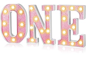 Aurelema 3 Pieces LED Light up Letter ONE Plastic Marquee Number Lights First Birthday Sign 1st Birthday Decorations Light up Letters for Boys Girls Baby 1 Year Old Birthday Party Supplies(Pink)