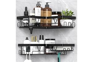 KEGII Corner Shower Caddy Shelf, Adhesive Shower Rack Organizer Corner with Hooks, Shower Corner Shelves for Inside Shower, Black Shower Corner Caddy No Drilling with Soap Holder 2 Pack