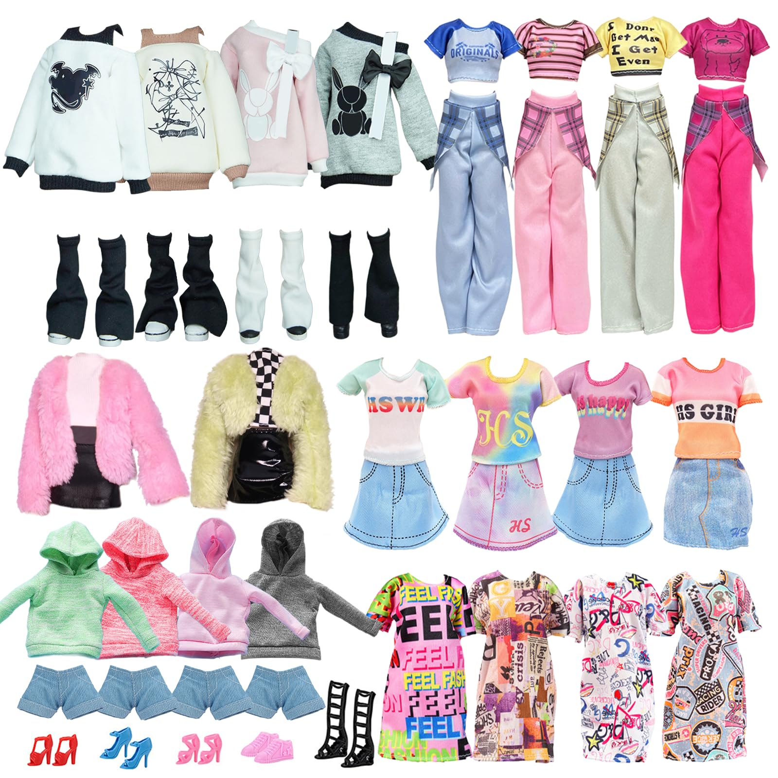 13 Pcs Doll Clothes 11.5 Inch Girl Dolls Compatible with Barbie, Fashion Pack 6 Set Accessories Include Fashionable Casual Leg Warmers Hoodie Plush Set Sports Set Summer Cooling Set Dress 6 Shoes