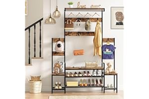 Meilocar Parent-Child Hall Tree with Bench and Shoe Storage, Coat Racks Free Standing, 5-in-1 Hall Tree with Hanging Rod and Hooks for Entrance, Foyer, Mudroom (Rustic Brown)