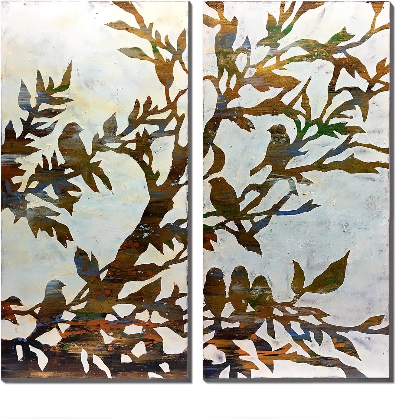 WESIATOR - 2 Piece Golden Tree Canvas Wall Art Birds on Tree Branches Picture Artwork Modern Wall Decor for Home Living Room Bedroom Office Large Hand Painted Oil Painting, Ready to Hang