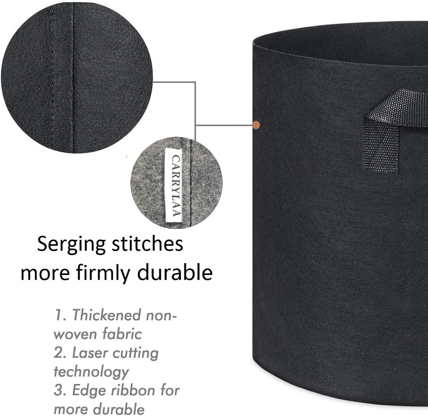 CARRYLAA Plant Bags Heavy Duty Thickened Nonwoven Grow Bags Aeration Fabric Garden Pots Container with Handles Straps for Flowers Vegetables 3 Gallons Black 5PCS - Image 4