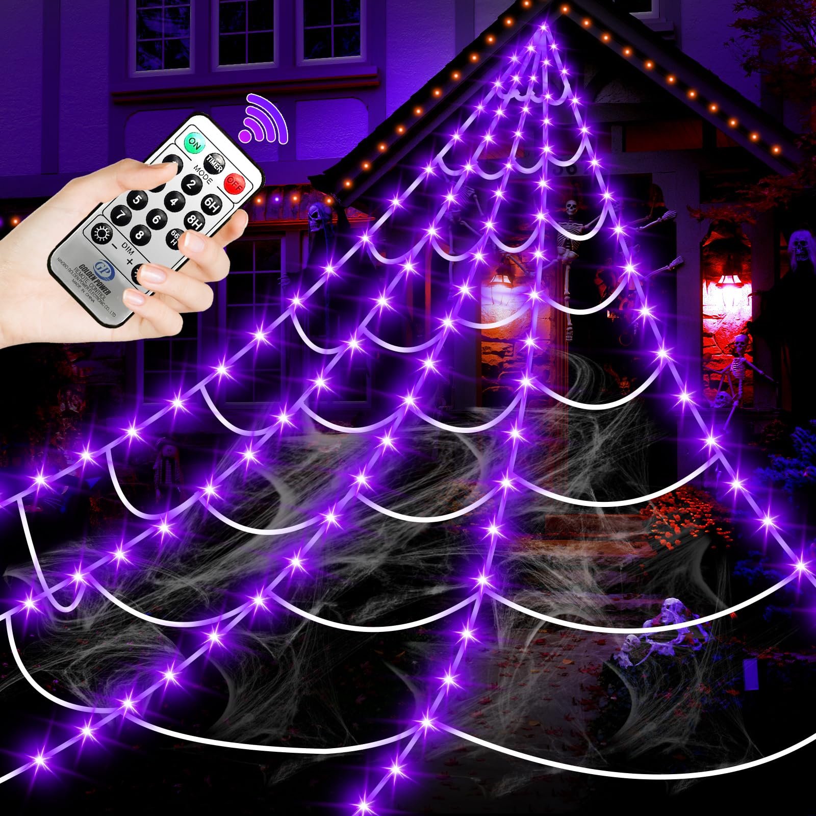 Photo 1 of Halloween Decorations Outdoor Spider Web Lights,16.4Ft 220 LED Lighted Spider Web Light up with 8 Modes Waterproof Timer for Yard House Halloween Outdoor Decor Purple Spiderweb
