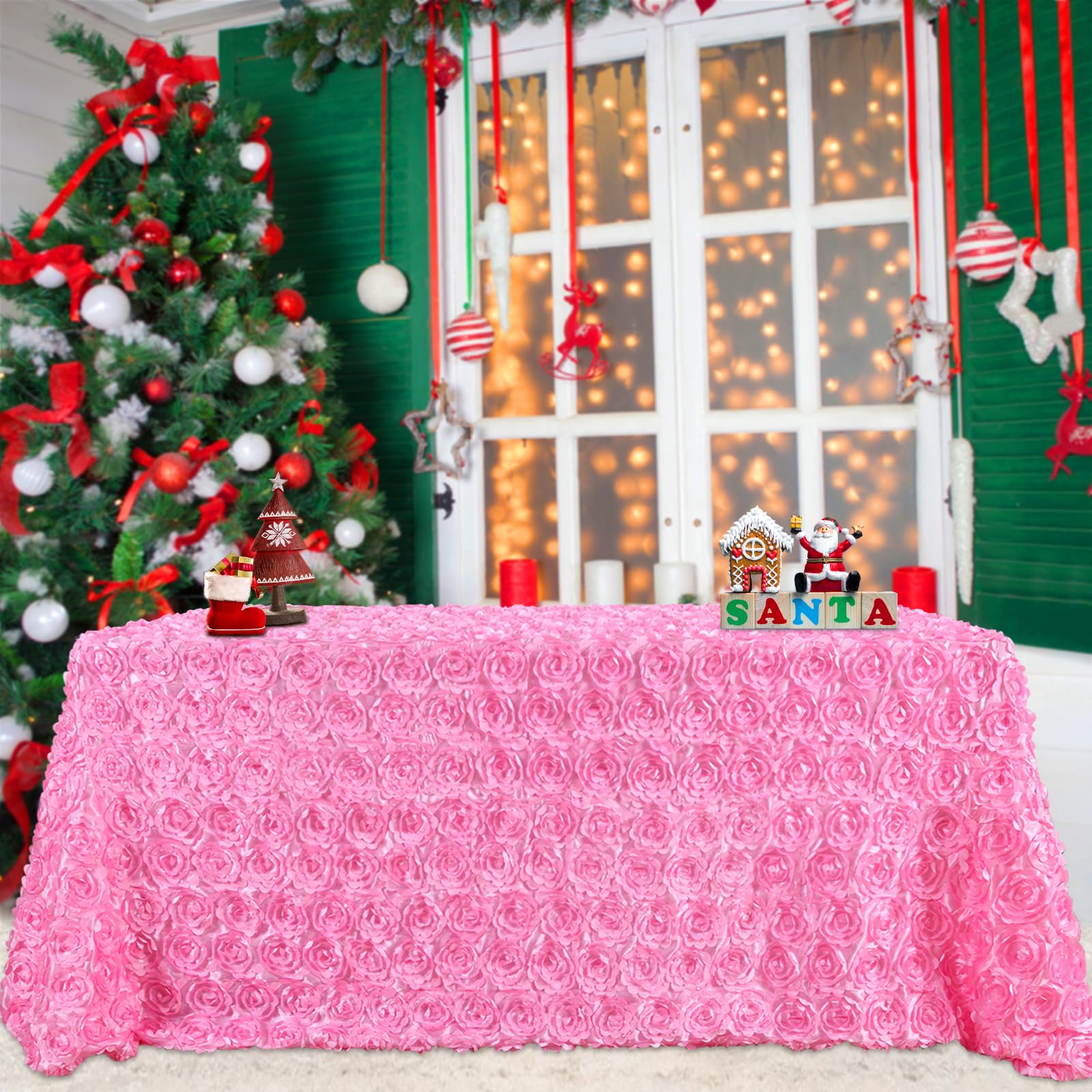 Photo 1 of B-COOL Pink Rosette Tablecloth 90x132 Inch Rectangular Pink Satin Table Covers 3D Floral Tablecloths Boho Wedding Girls Christmas Party Birthday Decoration