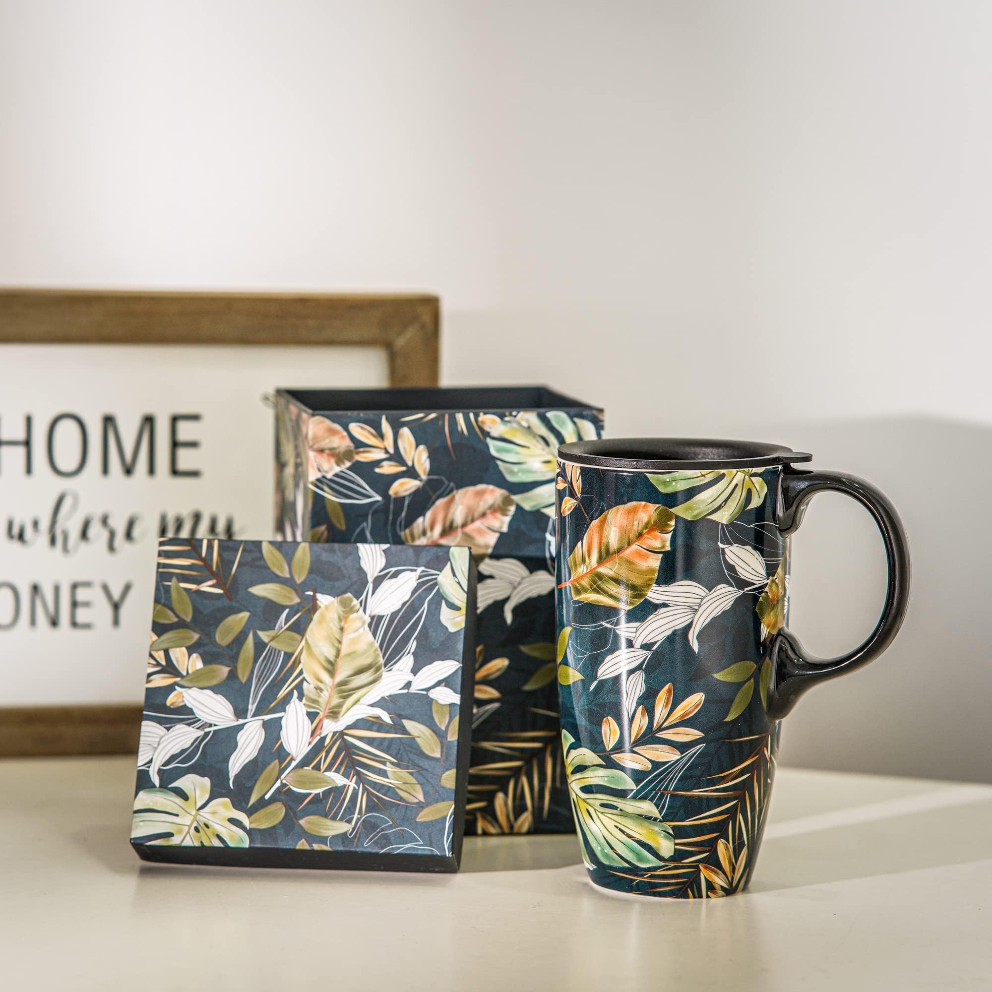 Topadorn Ceramic Travel Mug Porcelain Coffee Mug with Gift Box, 17oz Large Capacity Mug Home Office Gift, Leaf