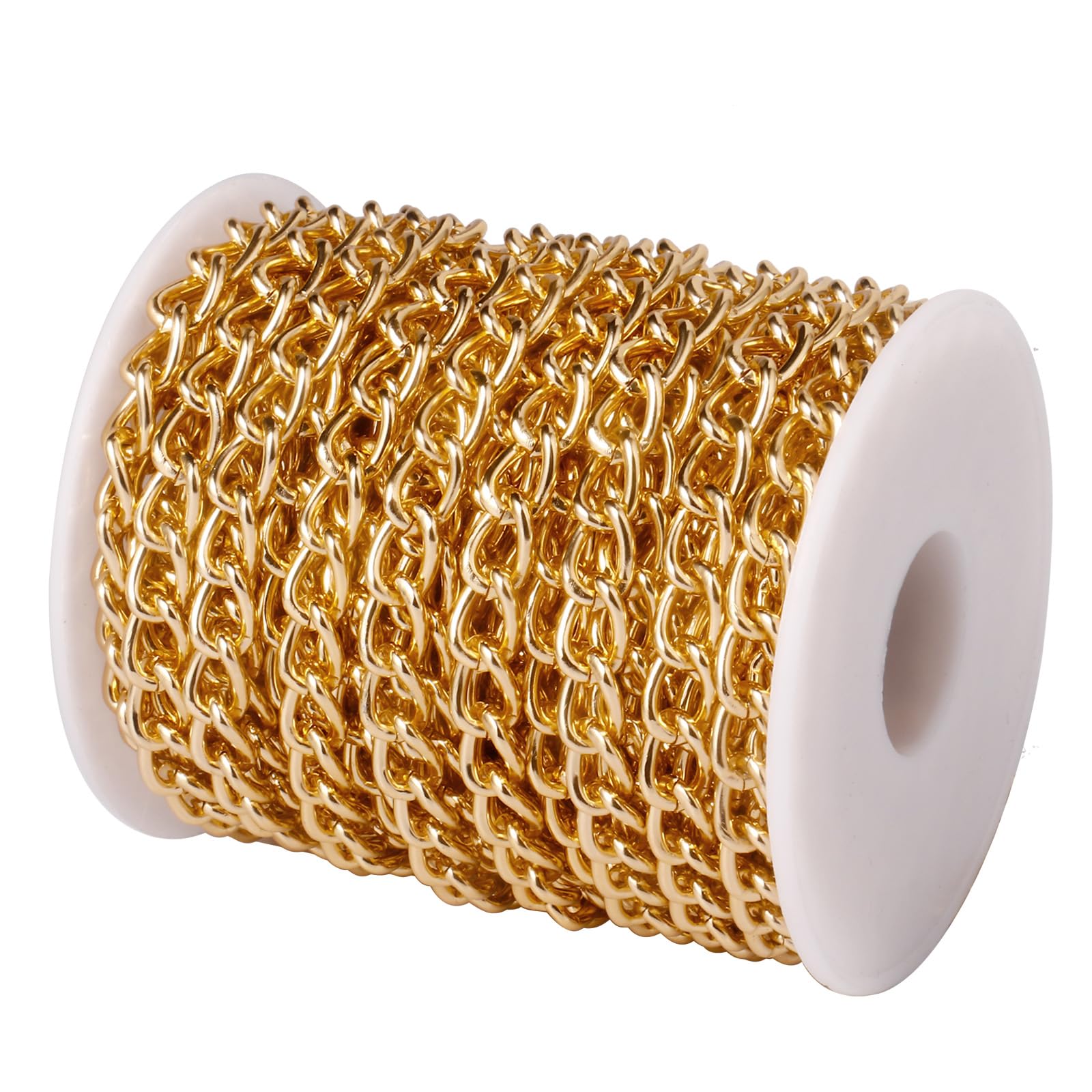 Photo 1 of [33ft] Gold Chain for Jewelry Making, 7mm Wide Gold Aluminum Curb Link Chain Roll Bulk for DIY Jewelry Making Craft