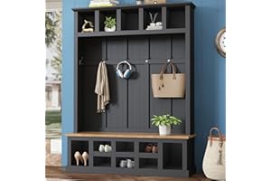 Merax Farmhouse Wood Hall Tree with Bench and Shoe Storage, 5-in-1 Coat Rack with 6 Hooks for Entrance, Hallway Black