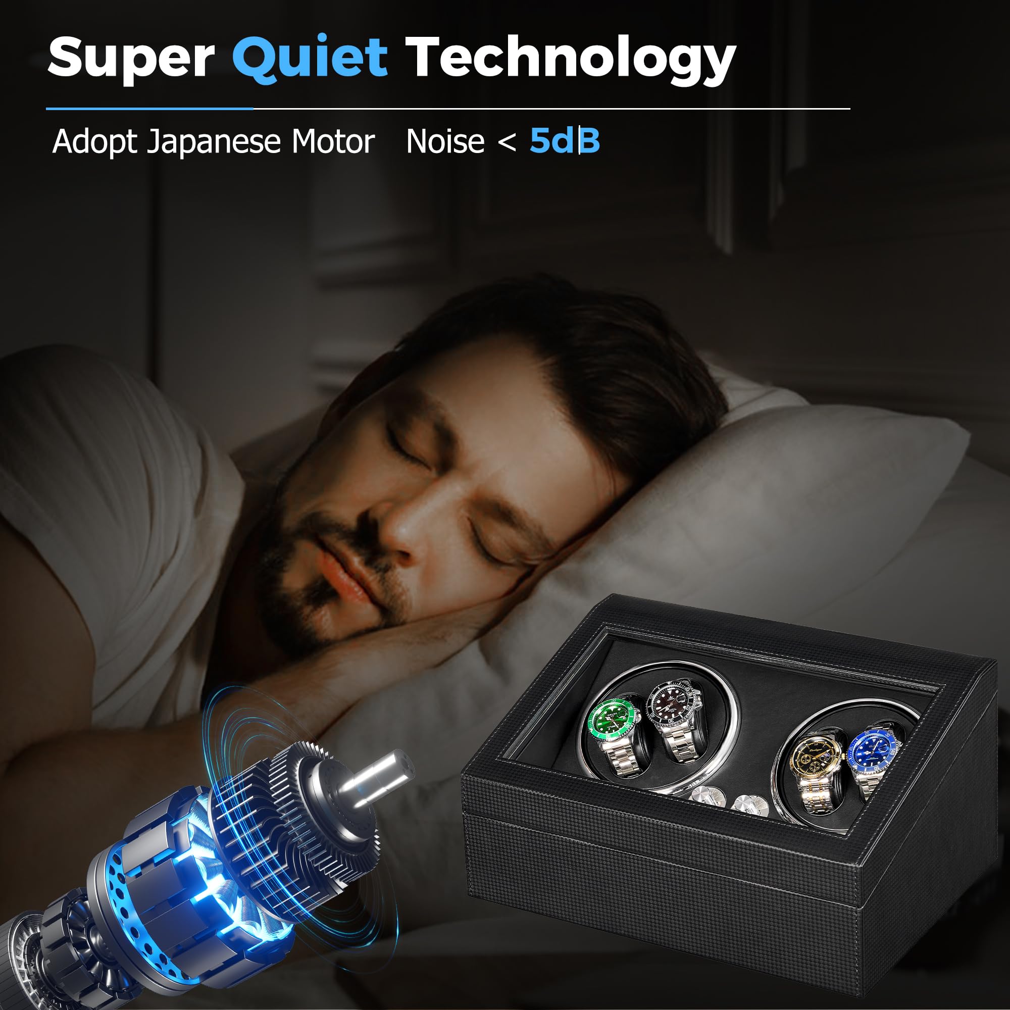 ANWBROAD ANWBROAD Watch Winder for Automatic Watches 4 Watch Rotator and 6 Extra Storages with Super Quiet Motor and LED Backlight Turner Carbon Fiber Shaker 5 Rotating Modes USB UJWW002F