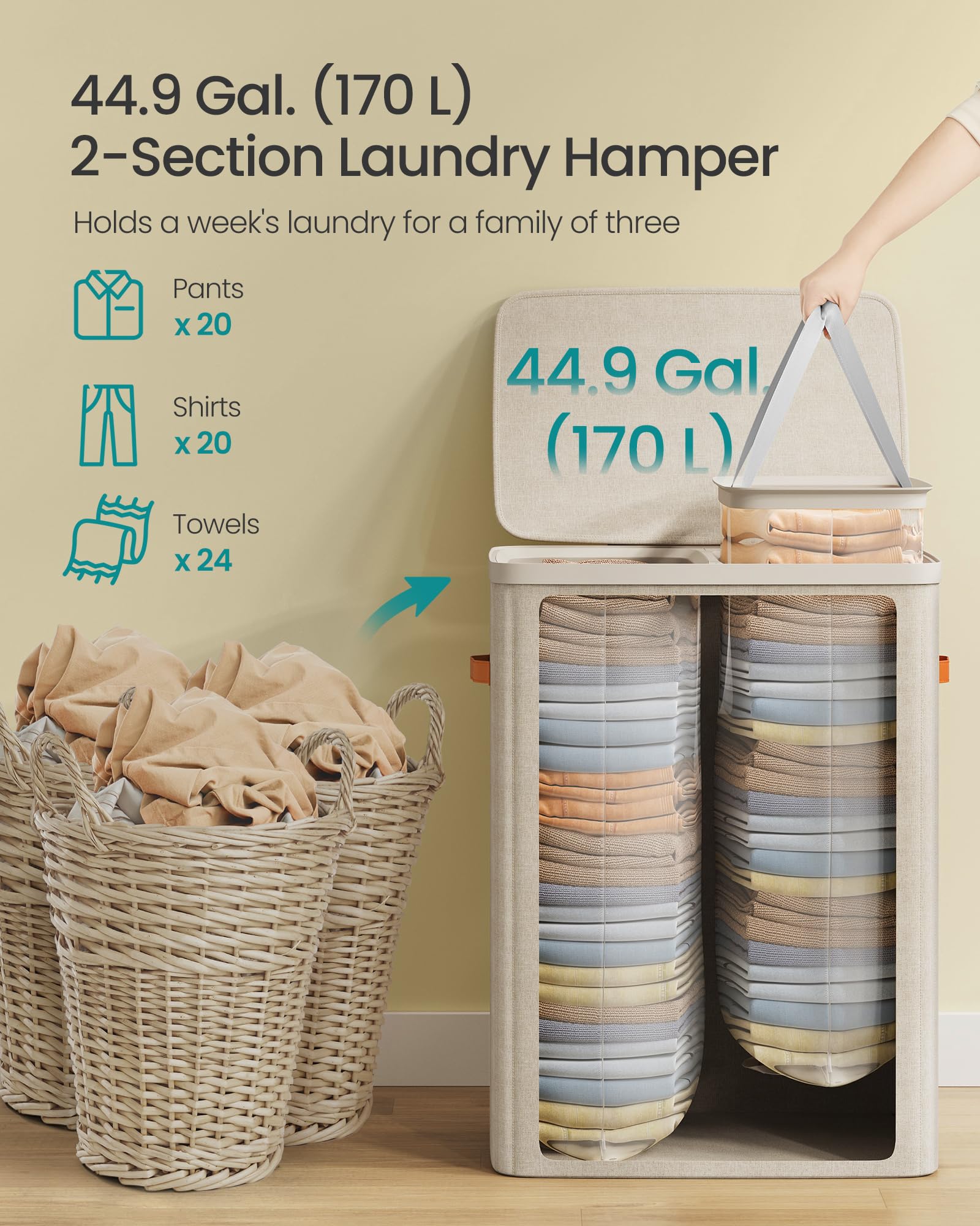SONGMICS Laundry Basket, 44.9 Gal. Laundry Hamper, 2 Compartments, Easy Assembly, with Lid and Handles, Removable Inner Bags, 22 x 15.7 x 29.5 Inches, Cappuccino Beige ULCB813L01