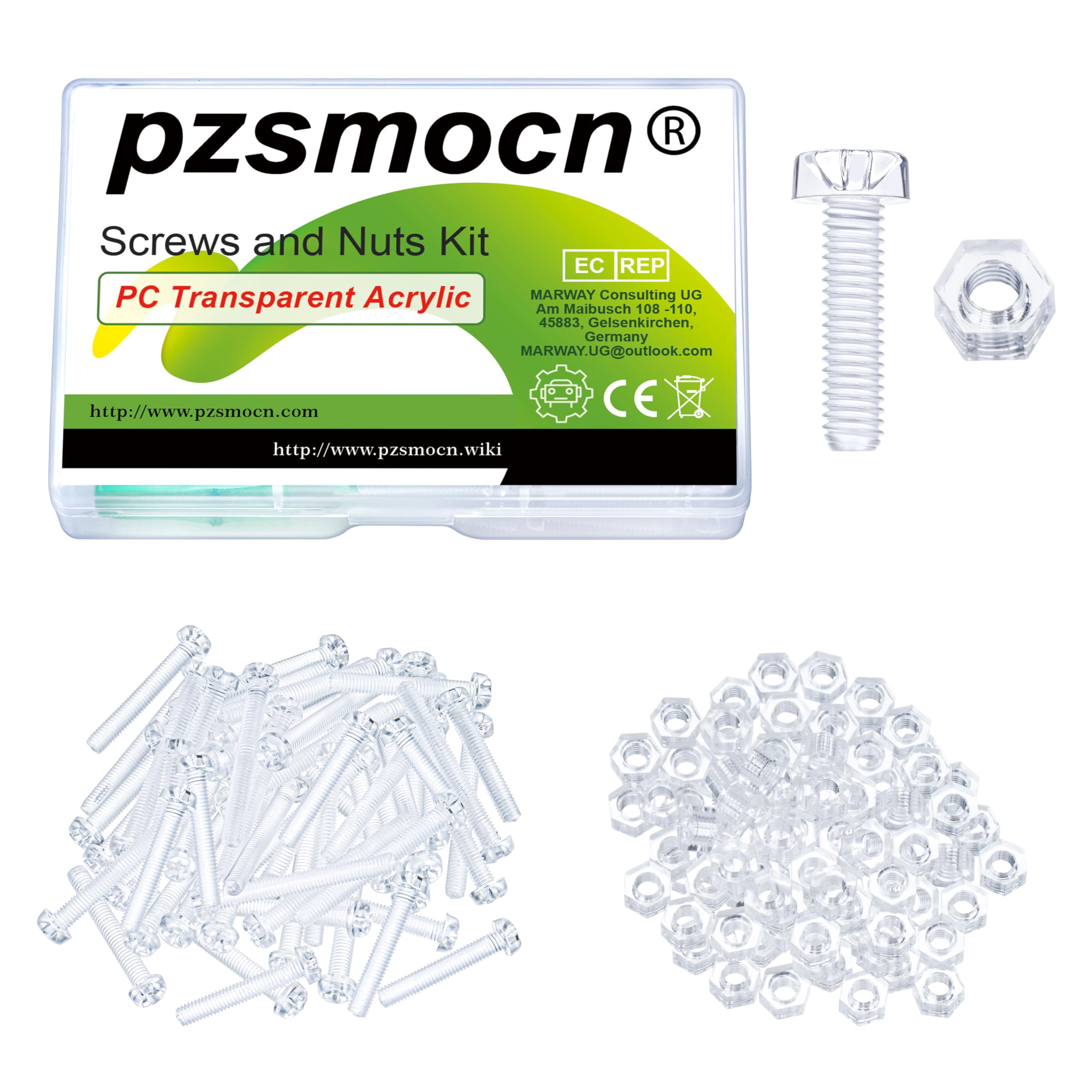 Pzsmocn 200 Pieces/100 Sets M4*18 mm PC Transparent Plastic Cross-recessed Round Head Screws and Hexagonal Nuts Kit, Corrosion-resistant, for DIY, Model and Electronic Product Fixation.