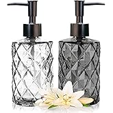 11oz Glass Soap Dispenser with Plastic Pump, Clear & Black Diamond Design Refillable Hand Soap Dispenser for Hand Wash and Dish Wash for Dishwashing Liquid, Lotion Shower Gel