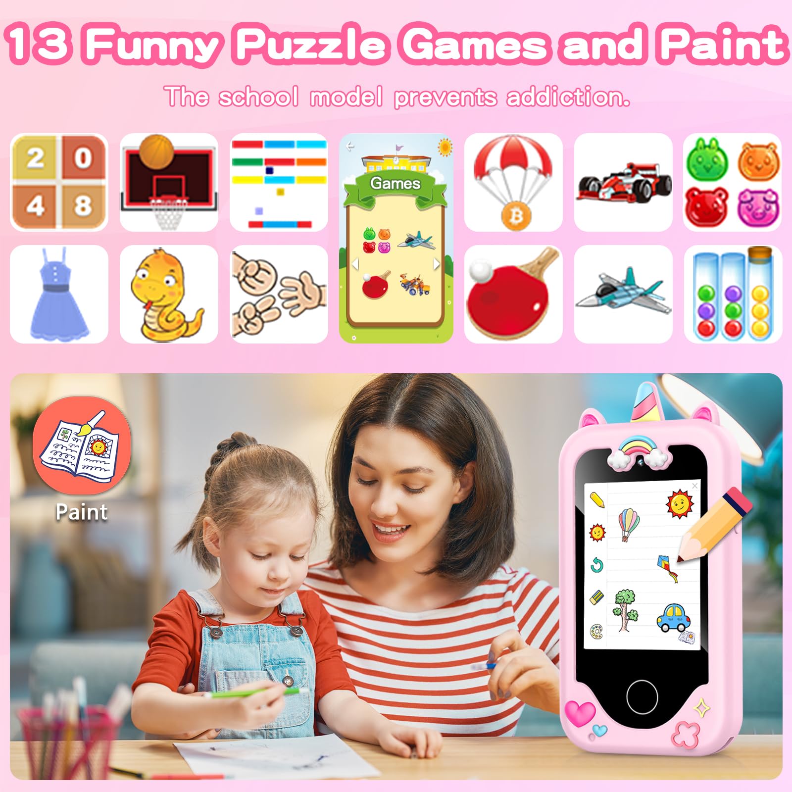 Kids Phone Toy Gift for Girls 3 4 5 6 7 8 Years Old, Toddler Smart Phone Learning Toys - Pretend Play Phones with Educational Games, MP3 Music Player, Birthday Gifts for Boys Age 3-8 (Pink)