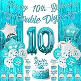 10th Birthday Decorations for Girls Teal Blue Double Digits Party Supplies Banner Turquoise Banner Cake & Cupcake Topper Tenth Birthday Foil Curtain Star Number 10 Balloons for 10 Year Old Party Decor