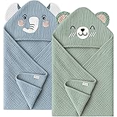 Konssy 2-Pack Muslin Baby Hooded Towels, 100% Cotton, Soft and Absorbent Baby Bath Towels for Newborn, Infant & Toddler with Animal Hooded Design(Elephant & Bear)