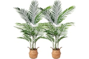 Ferrgoal Artificial Areca Palm Plants 4.5Ft Fake Dypsis Lutescens Tree with 15 Trunks in Pot and Woven Seagrass Belly Basket Perfect Faux Plant for Home Indoor Outdoor Office Modern Decor Green 2Pc