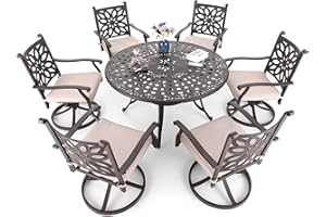 MFSTUDIO 7 PCS Cast Aluminum Retro Design Patio Dining Set with 6 Swivel & Rock Chair and 1 54" Round Dining Table, Outdoor Furniture for 6, Brown