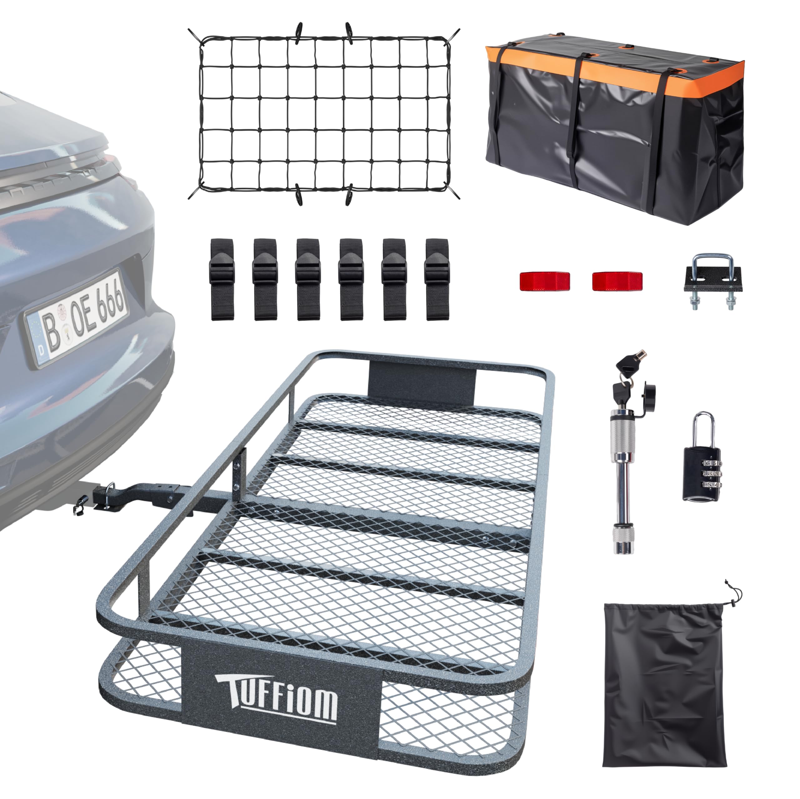 TUFFIOM 60"x24"x6" Folding Hitch Mount Cargo Carrier Basket, 500lbs Steel Car Cargo Trailer Hitch Luggage Rack, w/Hitch Lock+Password Lock+Net+Waterproof Cargo Bag+Straps+Stabilizer for SUV Truck Van Image TUFFIOM 60"x24"x6" Folding Hitch Mount Cargo Carrier Basket, 500lbs Steel Car Cargo Trailer Hitch Luggage Rack, w/Hitch Lock+Password Lock+Net+Waterproof Cargo Bag+Straps+Stabilizer for SUV Truck Van Image