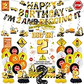 Mpanwen Construction 2nd Birthday Decorations for 2 Year Old Boy, Truck Construction 2nd Birthday Party Decor Supplies for Boys - Backdrop, Balloons, Banner, Centerpieces, Hanging Swirls, Wall Signs
