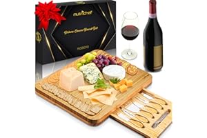 NutriChef Bamboo Cheese Board, Charcuterie Board Set with 6 Knives & 6 Forks, 100% Home Organic Wood Gift Set for Christmas, 
