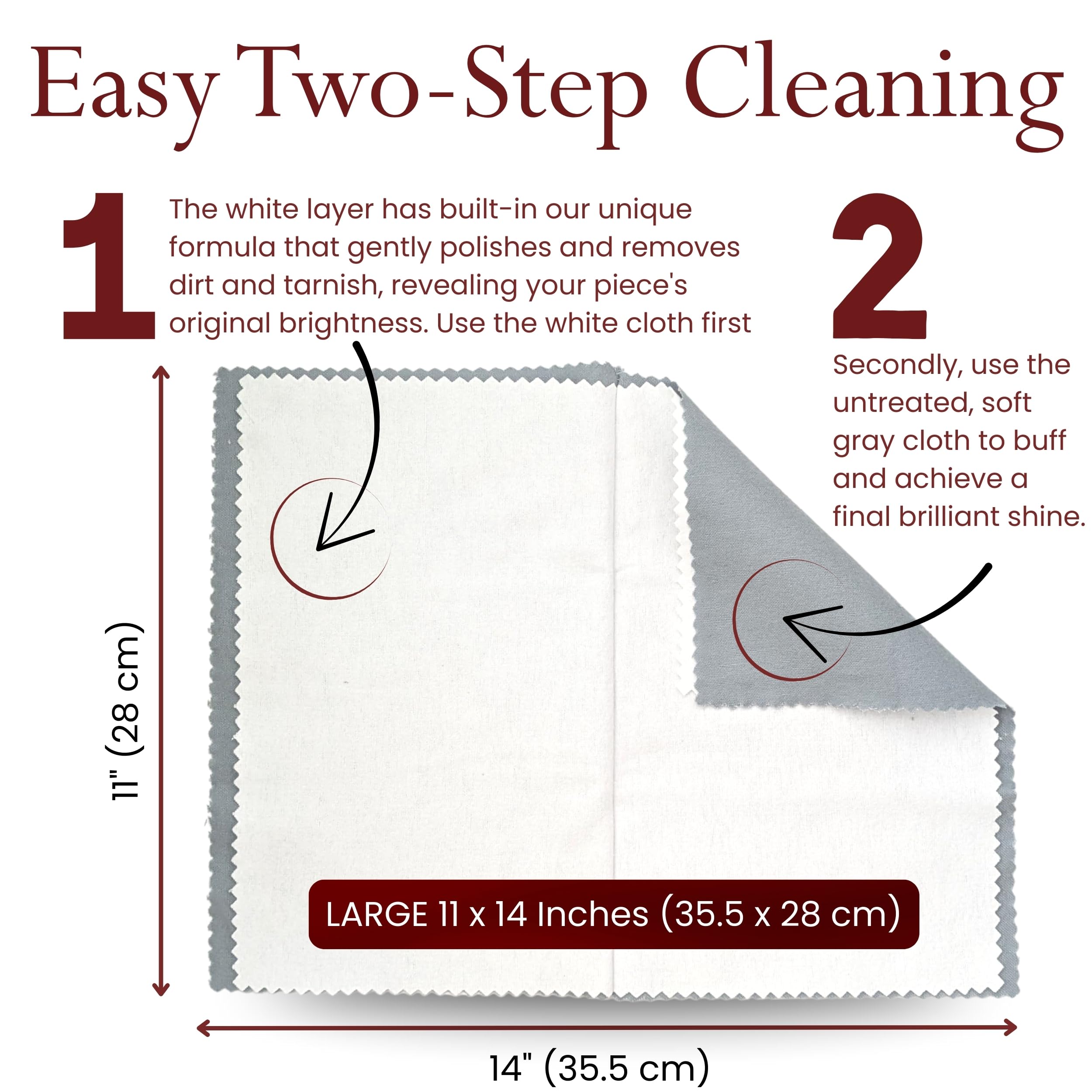 Pro Size Polishing Cloth Set of 2 Large Cleaning Cloths Pure Cotton Made in USA for Gold Silver and Platinum Jewelry Coins Watch, Silverware 11 x 14 inches each Tarnish Remover Keeps Jewelry Shining