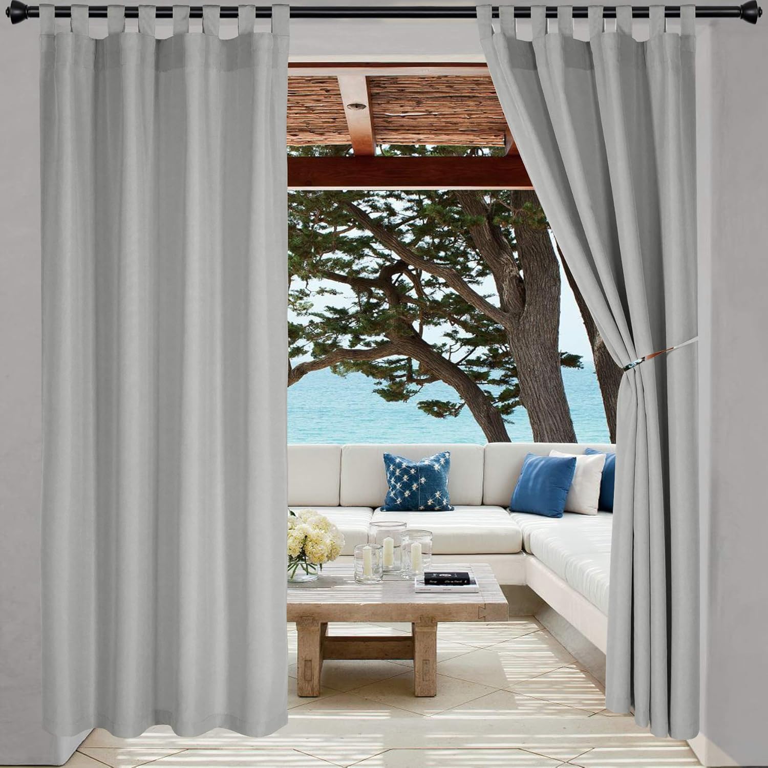 Outdoor Curtains - LORDTEX Indoor/Outdoor Curtains - Waterproof Tab Top Patio Curtains Sun Blocking Set of 2 Panels Thermal Insulated Curtain for Porch, Pergola, Cabana, Deck, 52 x 120 inch, Light Grey