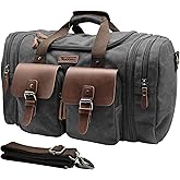 Wildroad 60L Travel Duffel Bag, Expandable Canvas Genuine Leather Duffle Bag Upgraded Overnight Weekender Bag Carry on Bag