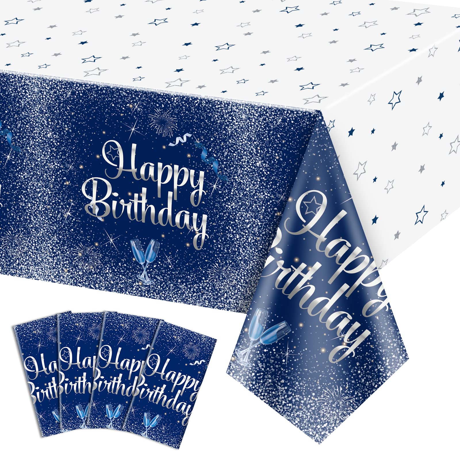 QUERICKY 4 Pack Navy Blue and Silver Happy Birthday Tablecloths, 130 x 220cm Plastic Rectangle Table Cover for Men Women Boys Girls Birthday Party Decorations Supplies