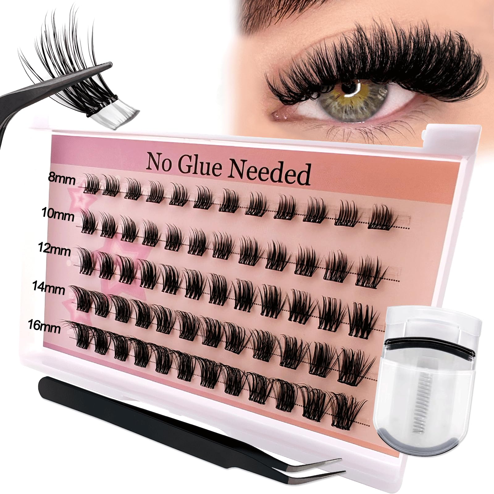 Photo 1 of Self Adhesive Lash Clusters Kit Flu-ffy 8-16mm No Glue Lashes Press On Lashes, 60 Pcs Glueless DIY Eyelash Extensions Kit Pre Bonded Lash Clusters with Eyelash Curler and Lash Tweezers(No Glue FD24)
