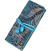 Wei Long Jewelry Roll, Travel Jewelry Roll Bag, Silk Embroidery Brocade Jewelry Organizer Case with Tie Close (Peacock, Blue)