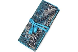 WEI LONG@Jewelry Roll, Travel Jewelry Roll Bag,Silk Embroidery Brocade Jewelry Organizer Case with Tie Close, (Peacock,Blue)