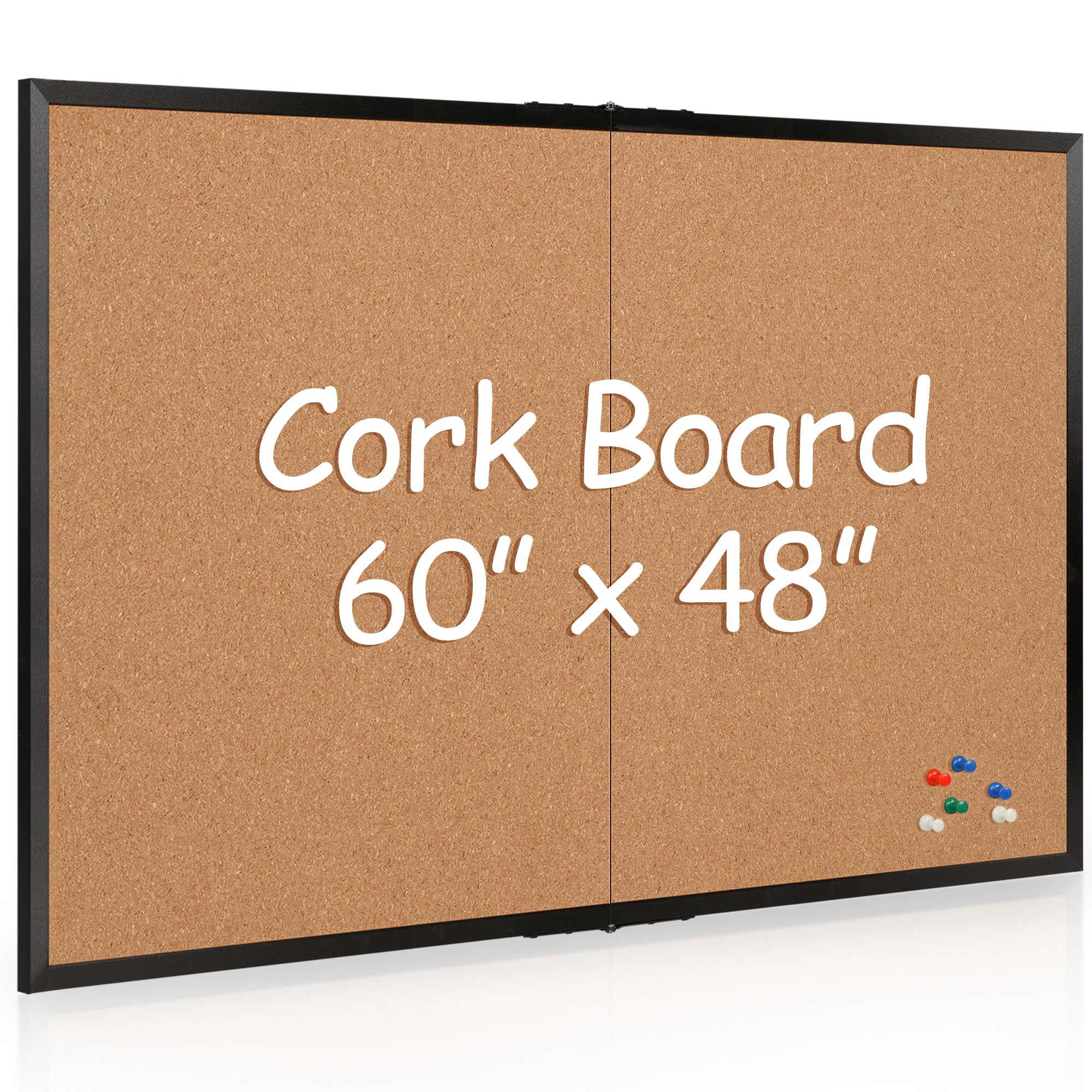 Photo 1 of Board2by Extra Large Cork Bulletin Board 60" X 48", Foldable Notice Pin Board for Wall, Black Wood Framed 5'x4' Corkboard, Wall Mounted Noticeboard with 32 Push Pins for School, Home & Office