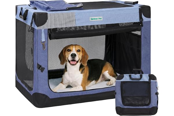 Gardner Pet Soft Collapsible Dog Crate, 30 Inch, Blue | Portable Travel Dog Crate for Small/Medium Dogs, 3-Door Pet Crate wit
