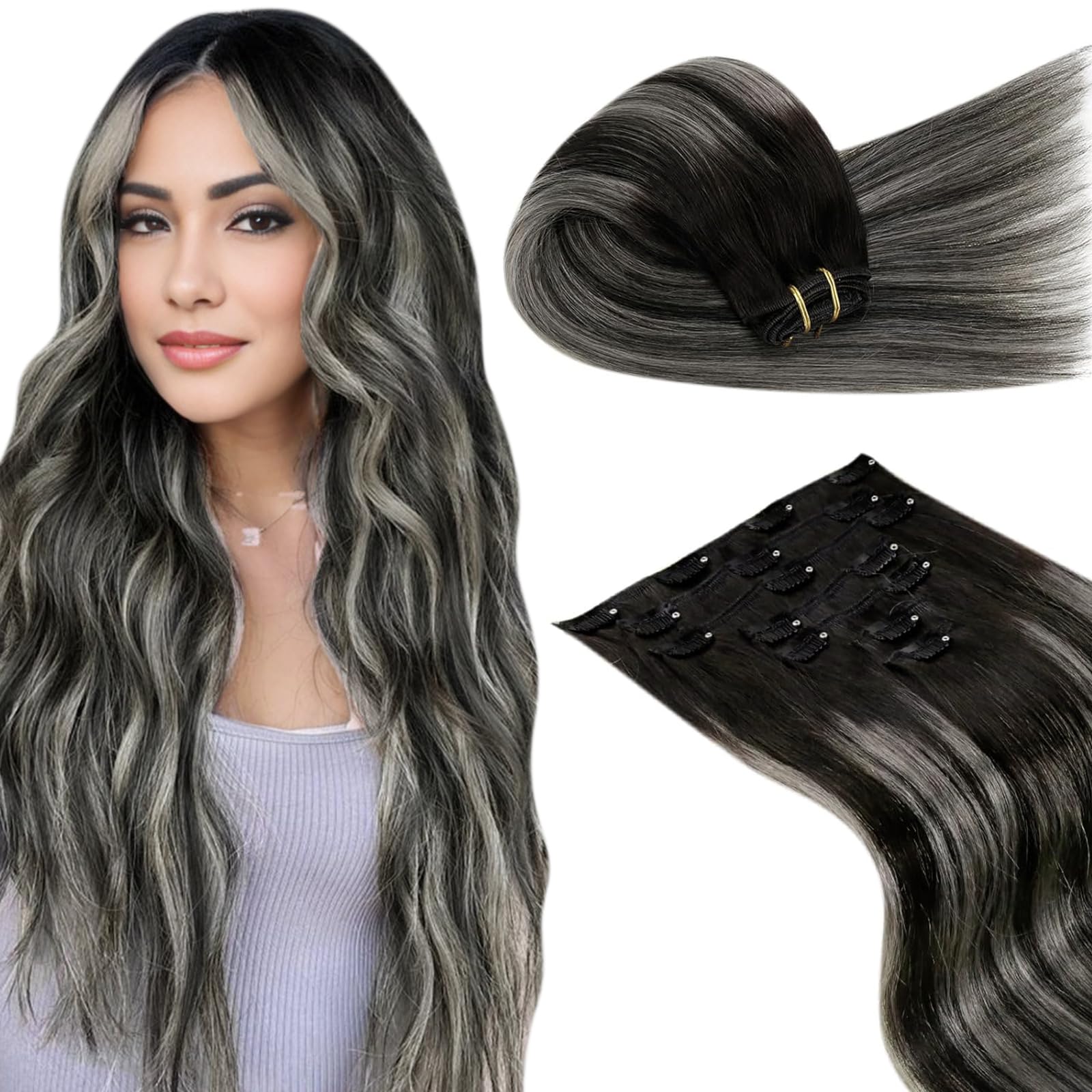LaaVoo Clip in Hair Extensions Real Human Hair Black Hair Extensions Clip in 18 Inch 120g 7pcs Full Head Straight Balayage Natural Black & Silver Remy Hair Double Weft #1b/s/1b