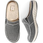 Mens Slippers with Arch Support, Canvas House Slipper for Men with Velvet Lining, Slip On Clog, Indoor Outdoor House Shoes with Anti-Skid Rubber Sole