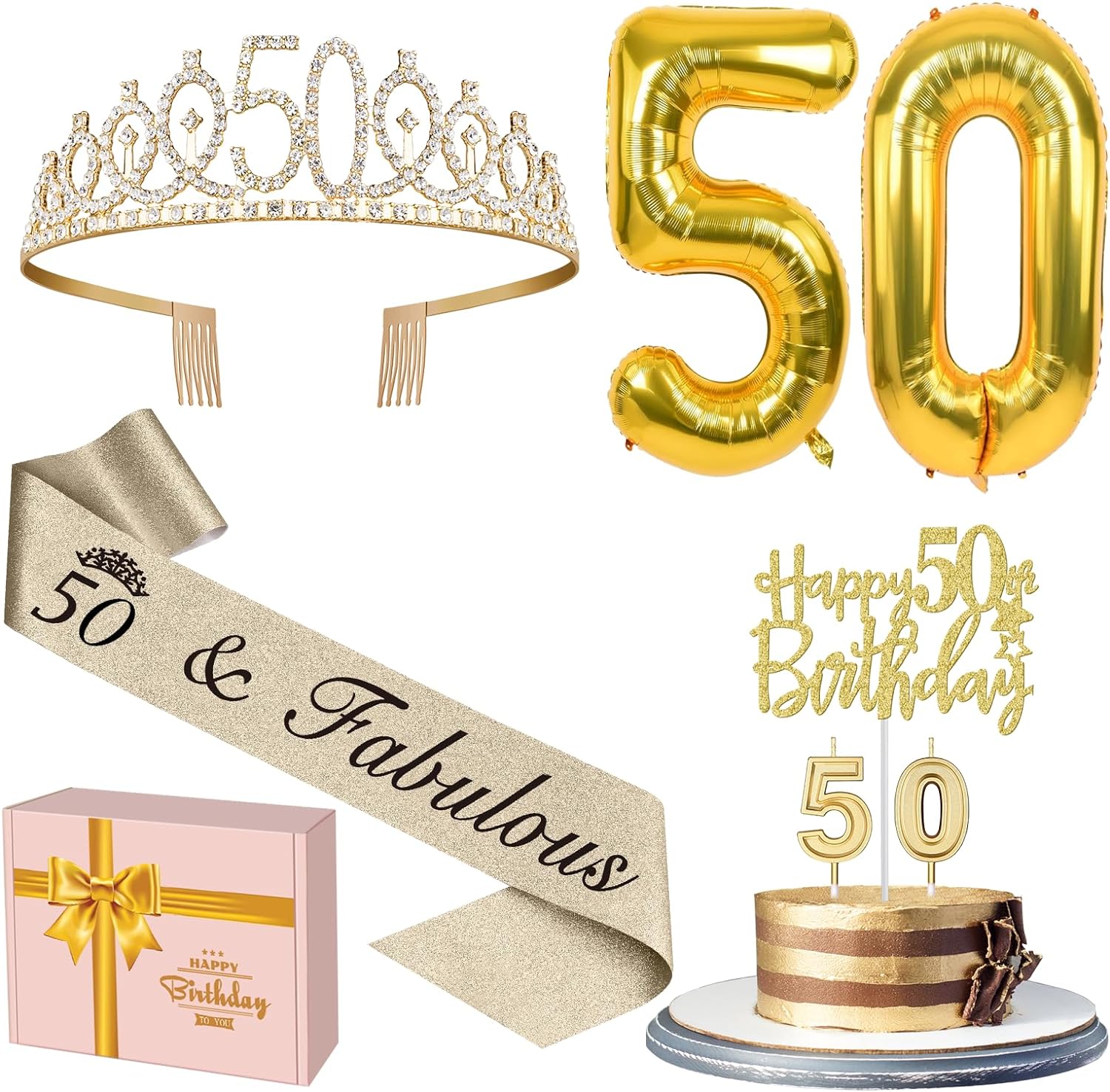 Candles & Holders - 50th Birthday Decorations for Women Gold with 50th Birthday Sash and Tiara, 50th Birthday Cake Topper and 50 Candles, Big Gold 50 Birthday Balloons, 50th Birthday Gifts for Women (Gold)