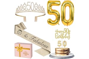 YEOHJOY 50th Birthday Decorations for Women Gold with 50th Birthday Sash and Tiara, Cake Topper and Candles, Number Balloons, 50 Year Old Gifts for Women