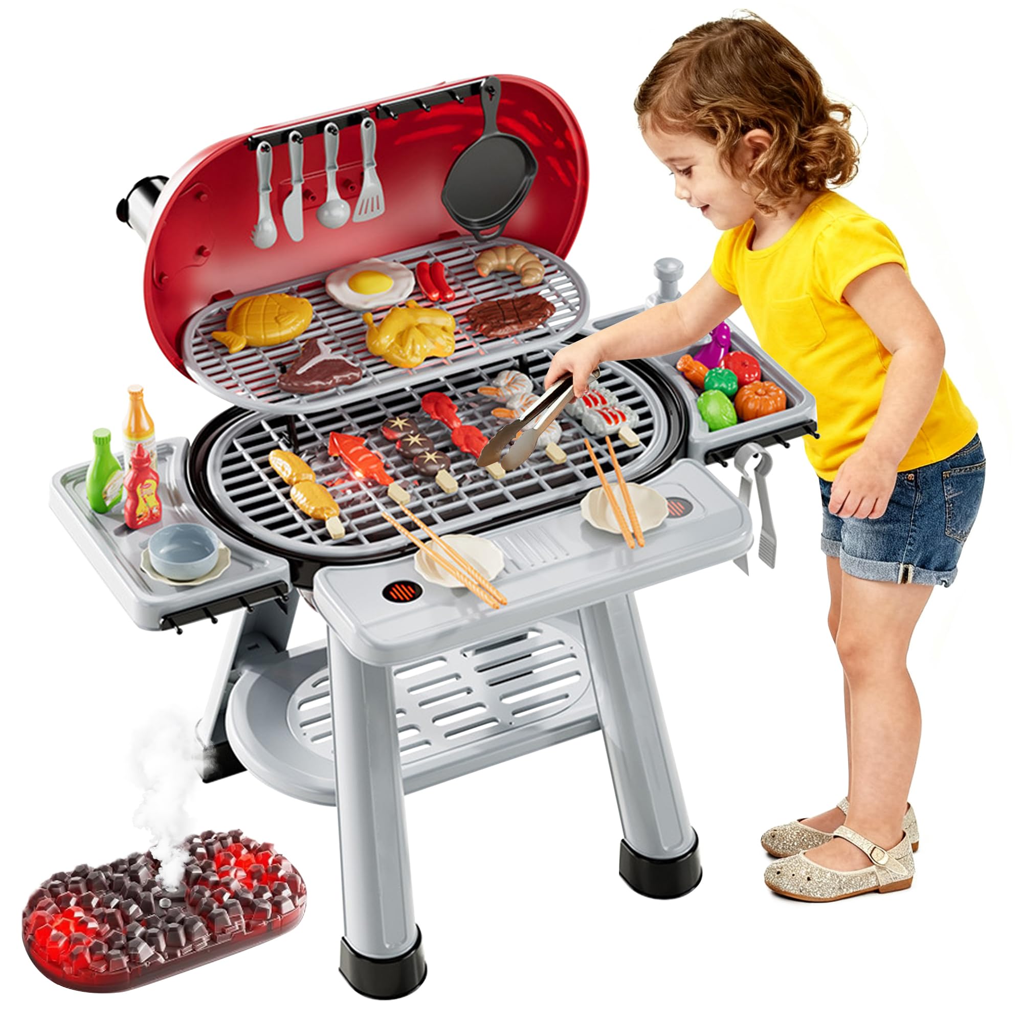 CATCHLUCK Kids BBQ Grill Playset, Toy Grill Cooking Set with Sound, Lights & Spray, Play Grill Included Cookware, Kids Kitchen Toy Accessories, Play Food, Indoor Outdoor Kitchen Playset